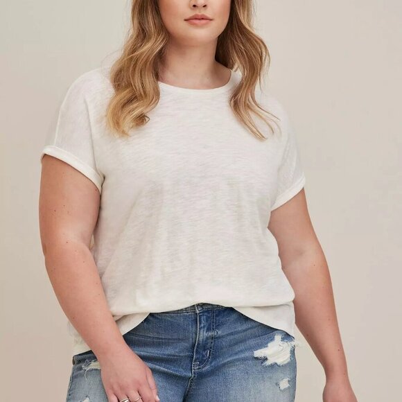 Torrid White Cotton Modal Slub + Clip Dot Print Fabric Mixed Dolman Tee Size 2 - Picture 1 of 10